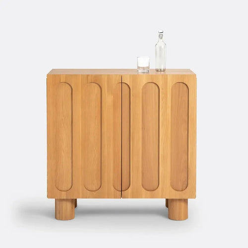 Oak Bar Storage Cabinet with Fluted Doors & Glass Bottle Racks