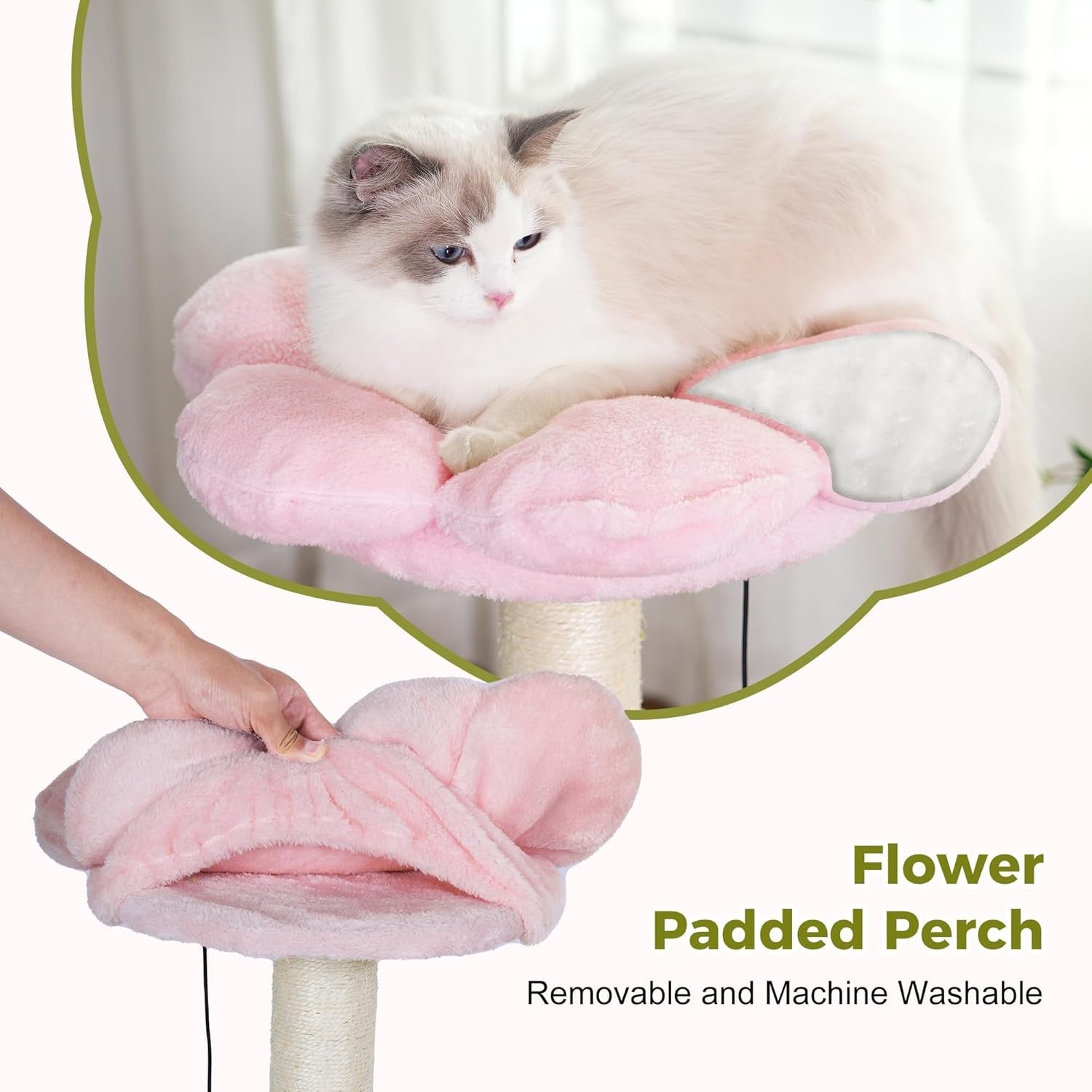 Pink Green Flower Cat Tree Tower with Hammock Condo Sisal Scratching Post