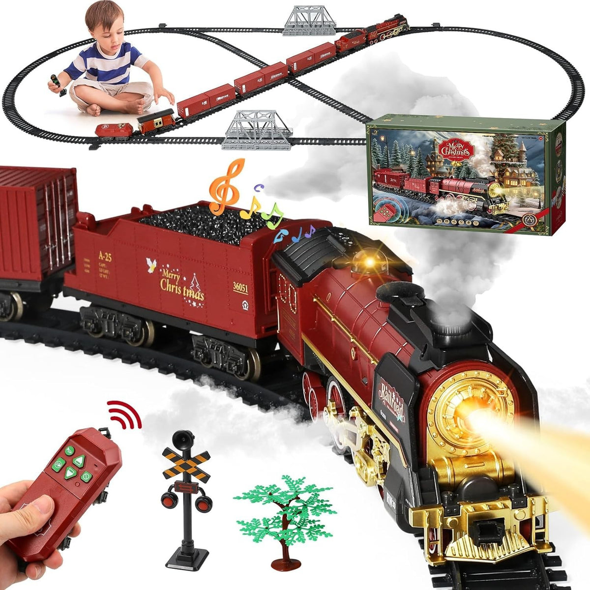 Remote Control Steam Train Set with Smoke, Lights & Sound for Kids 3+