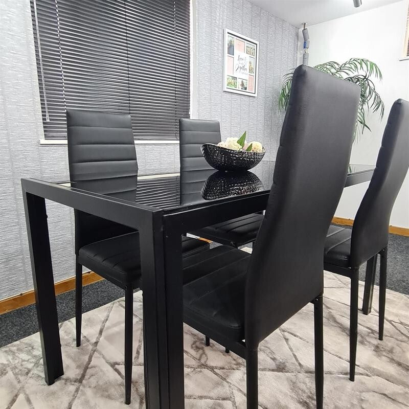 Black Glass Dining Table Set with 4 Leather Chairs Modern Kitchen 120cm