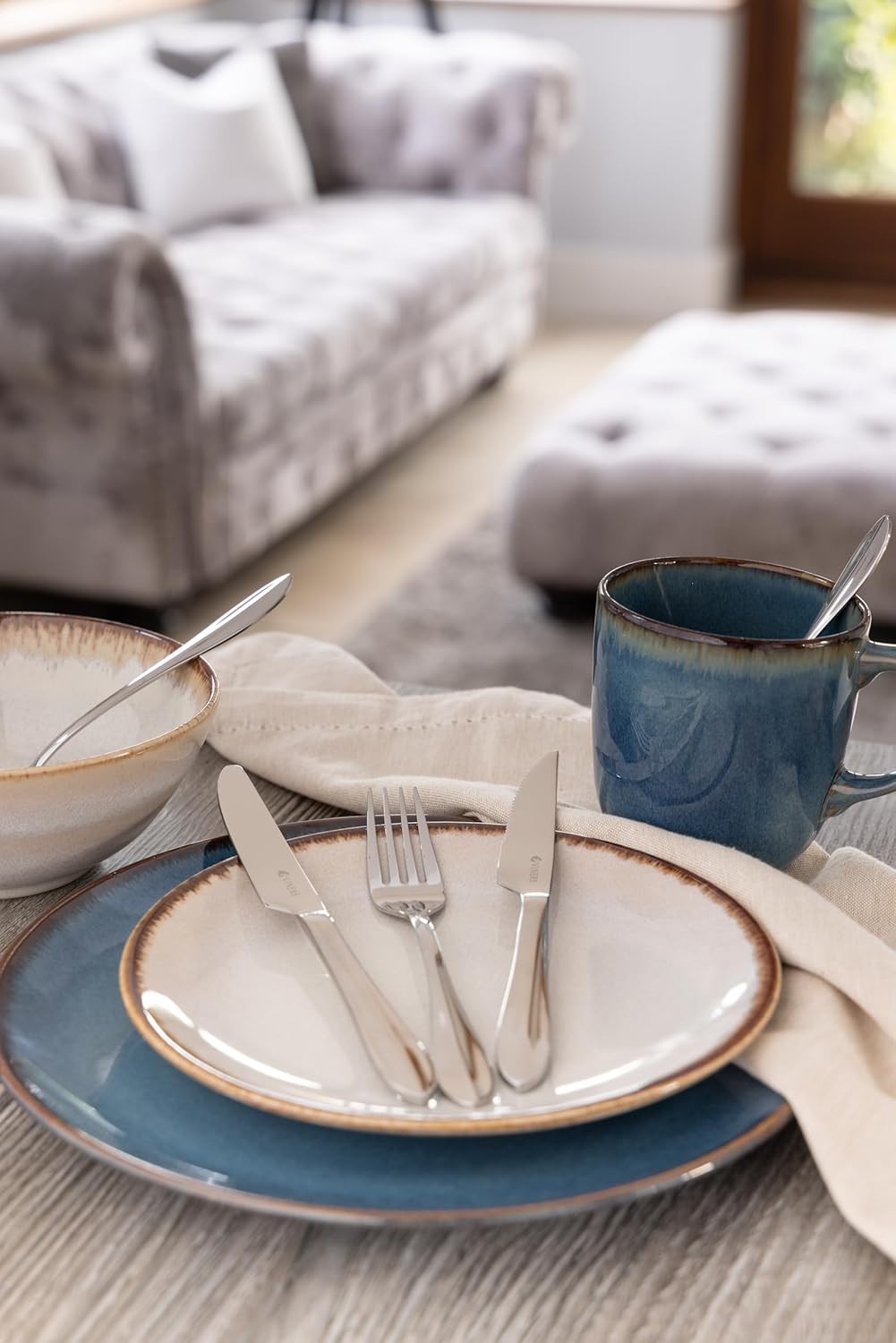 12pc Stoneware Dinner Set Cream Reactive Glaze Plates Bowls Dishwasher Safe