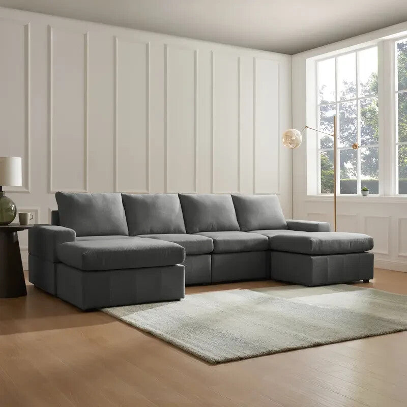4 Seater Modular Sofa with Footstools Dark Grey Linen Padded Couch