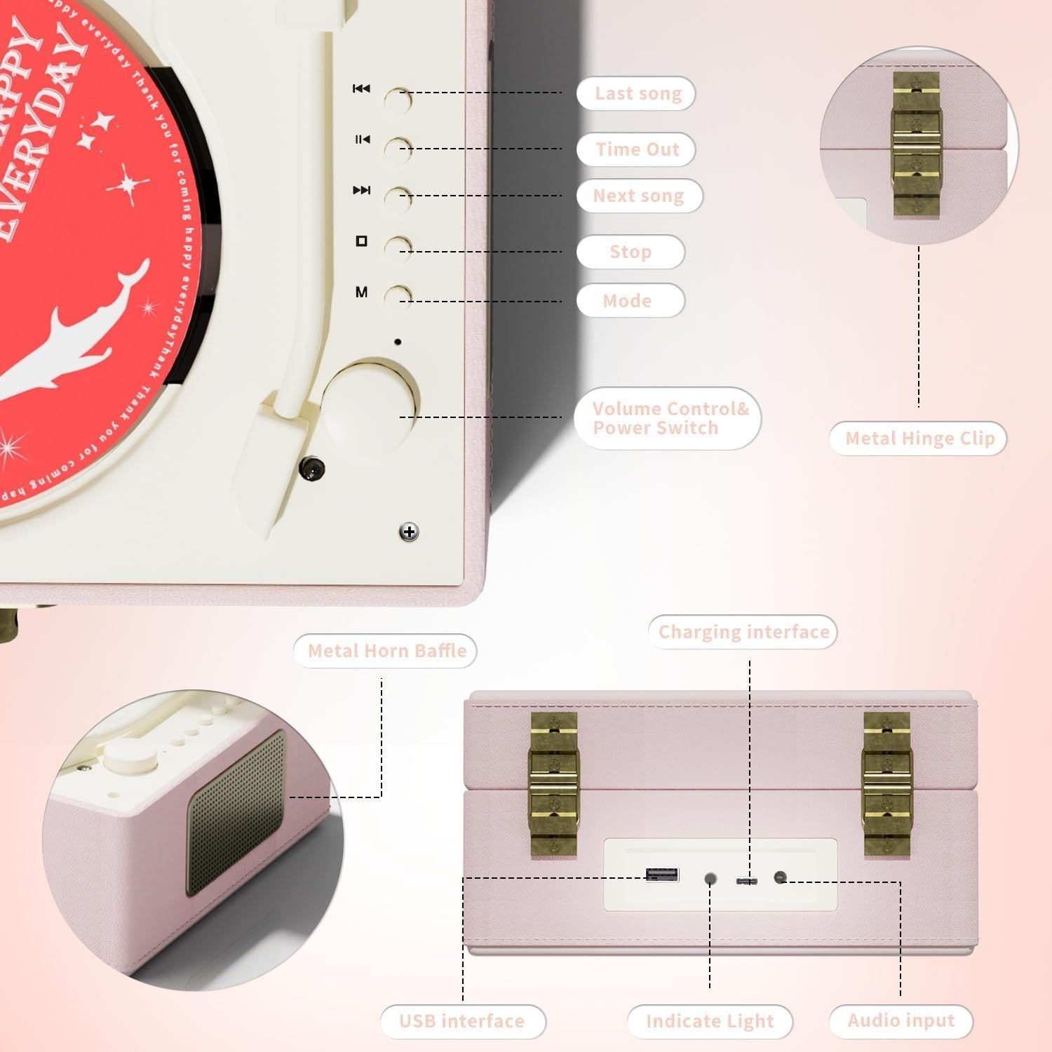 Portable Bluetooth CD Player Music Box w Speakers Rechargeable Pink