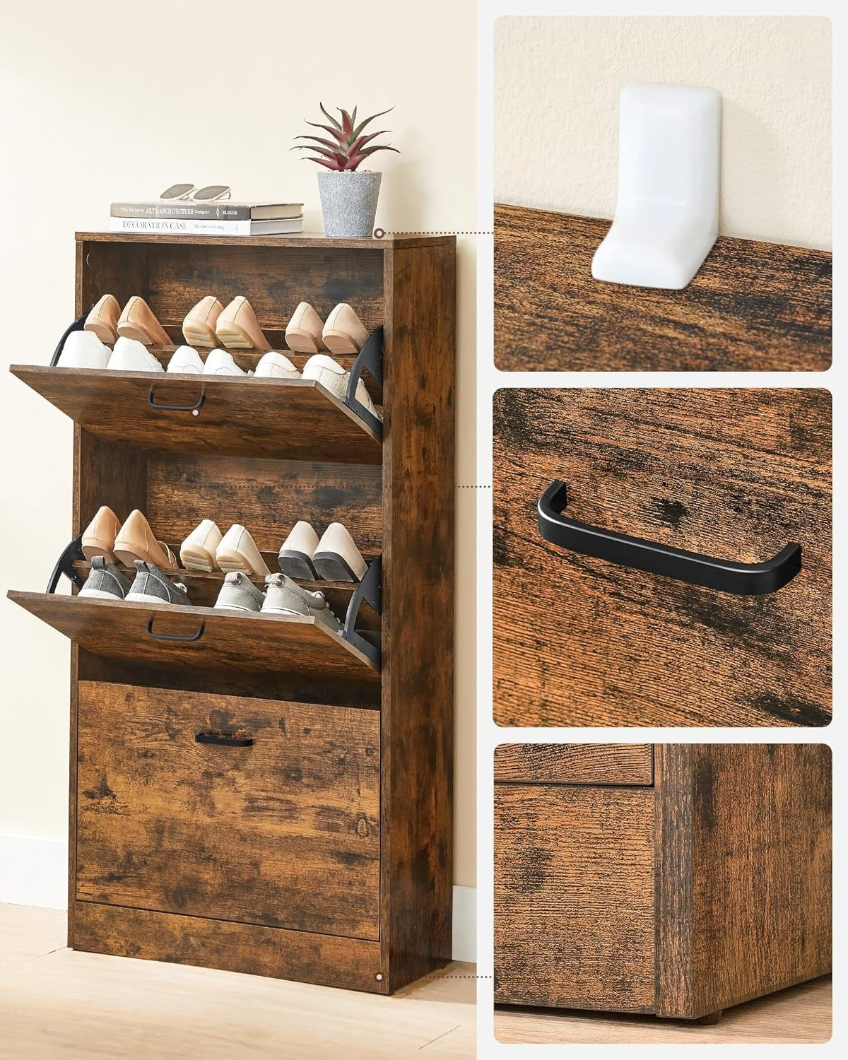 3-Tier 3-Flip-Door Shoe Cabinet, Slim Storage Rack 60x24x120 cm Rustic Brown