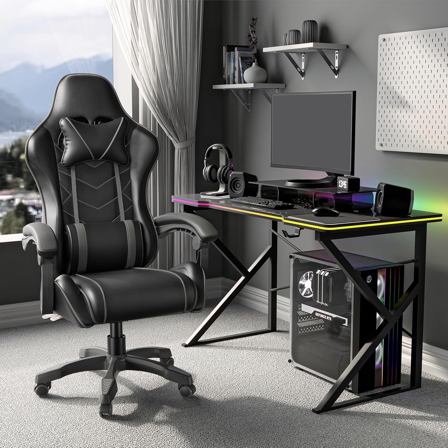 Ergonomic Gaming Office Chair PU Leather Recliner Swivel 150kg Max Load Grey
