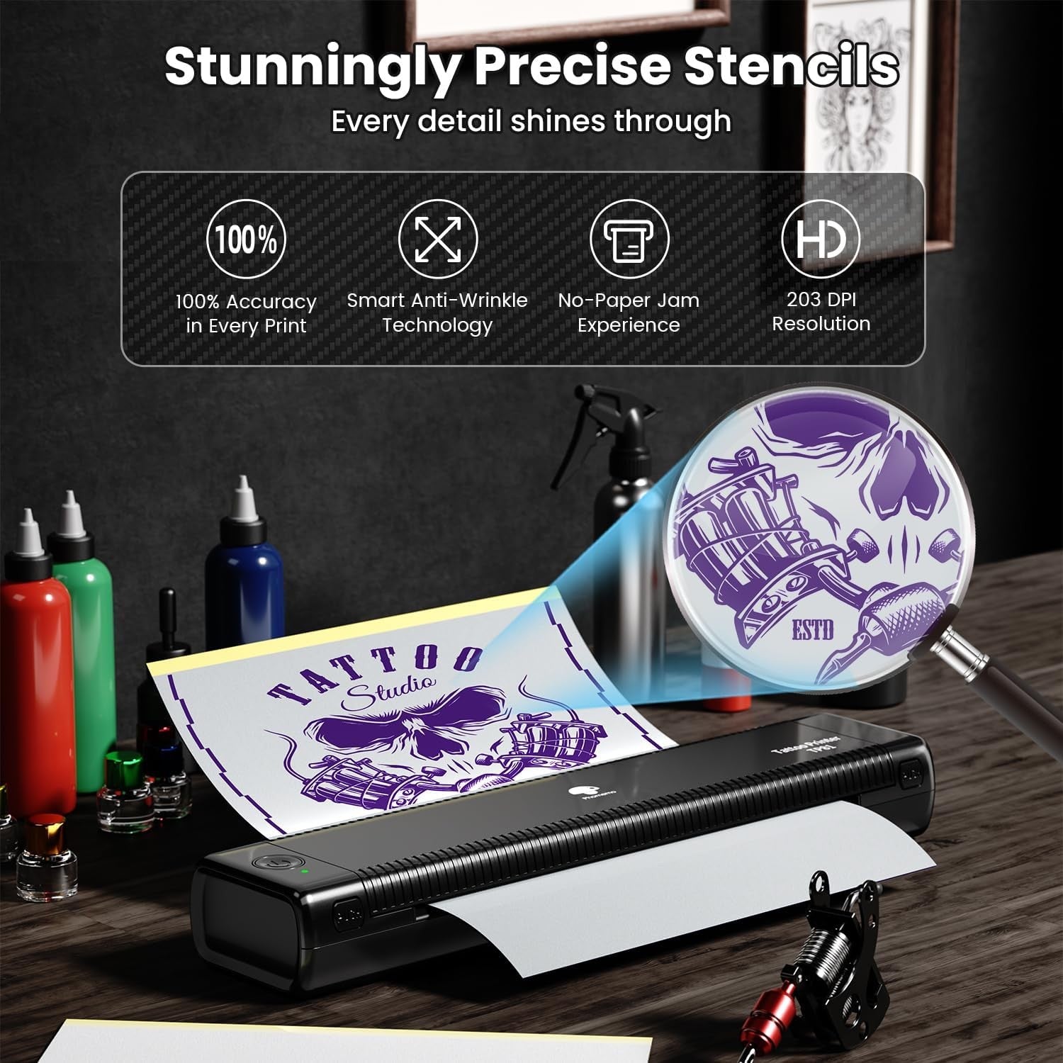 Black A4 Tattoo Stencil Printer Wireless Bluetooth Transfer Kit