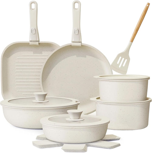 17pcs White Non-Stick Cookware Set with Detachable Handles – Induction Safe