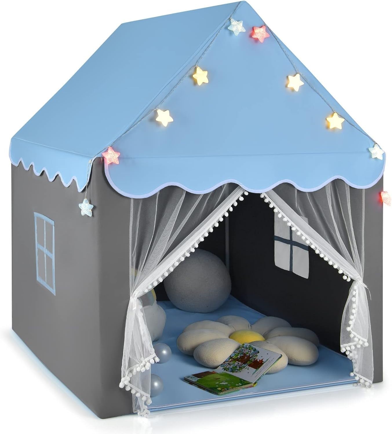 Blue Kids Fairy Castle Play Tent With Lights Washable Mat Indoor