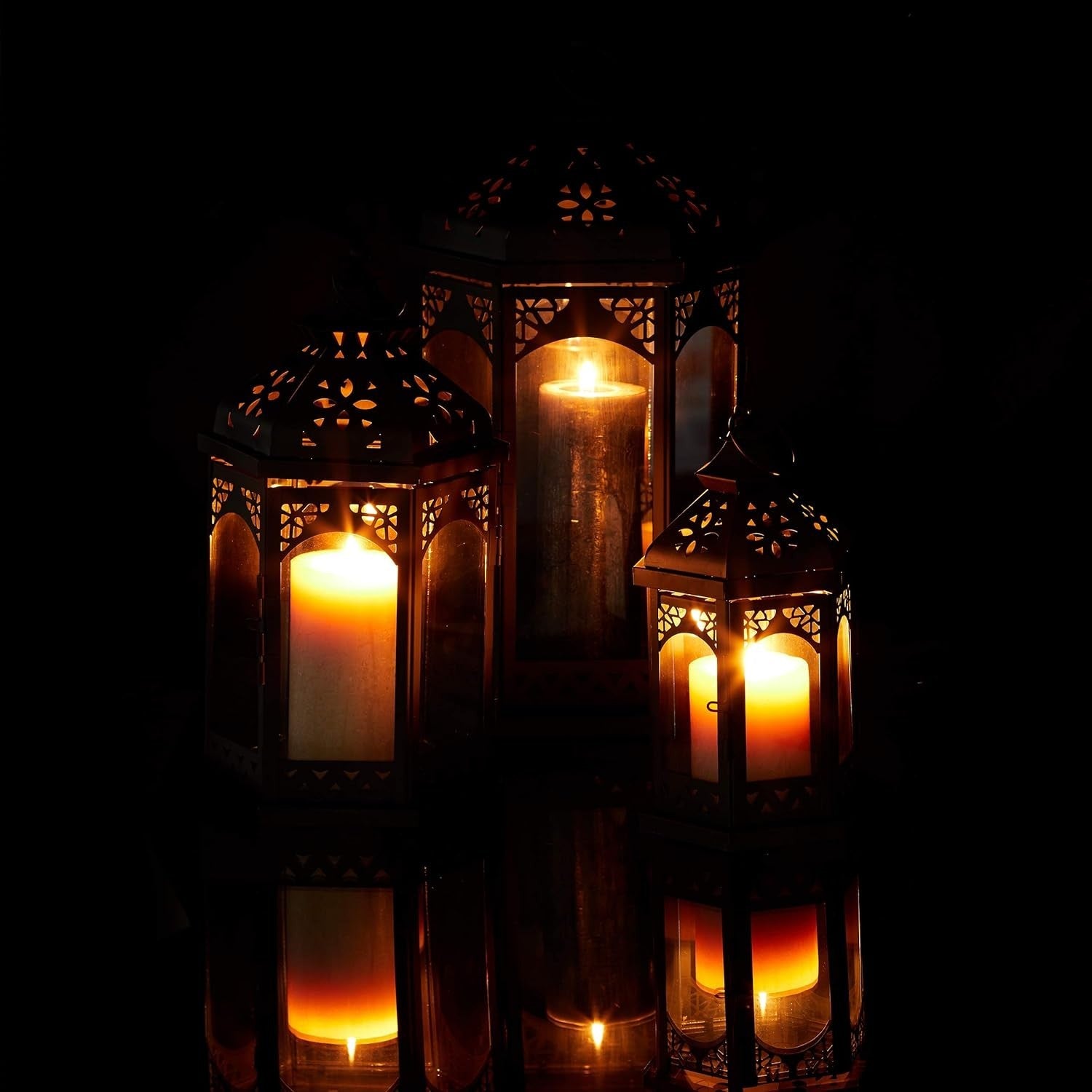 Set of 3 Black Metal Vintage Lanterns Candle Holders Indoor Outdoor