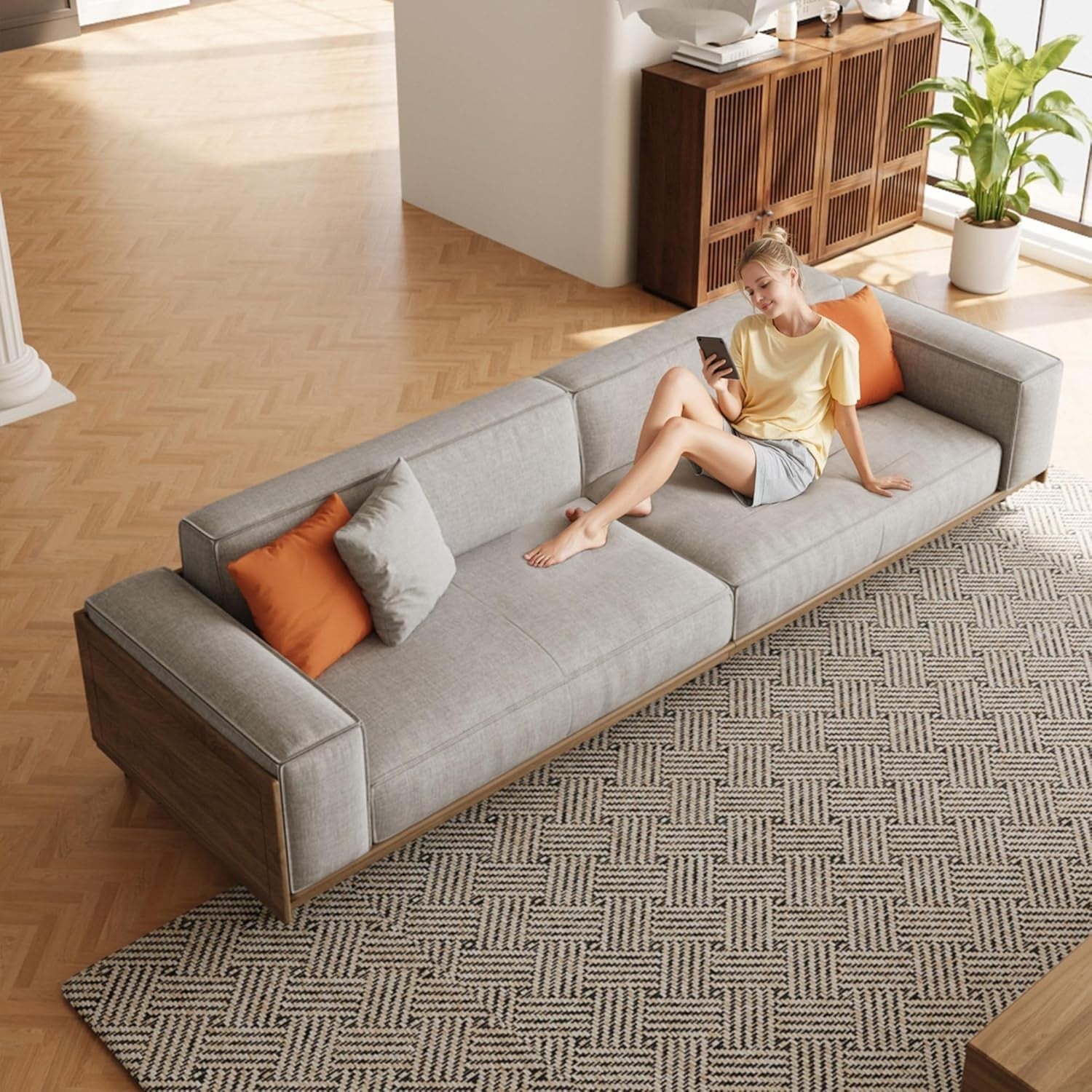 Modern Light Grey 4-Seater Sofa with Wooden Base & Decorative Cushions