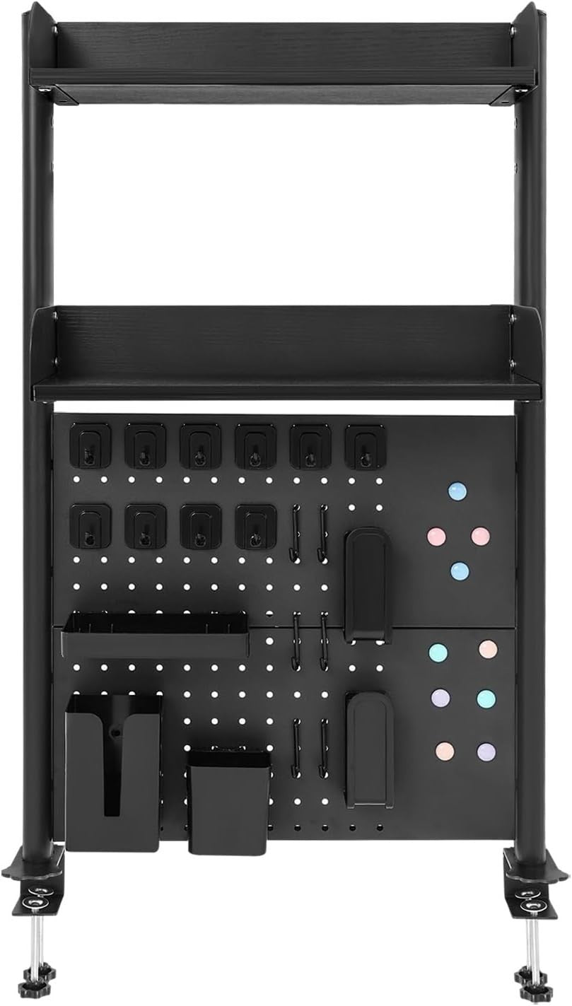 Clamp-On Desk Pegboard 60cm 2-Tier Desktop Organizer Shelf Privacy Panel Black