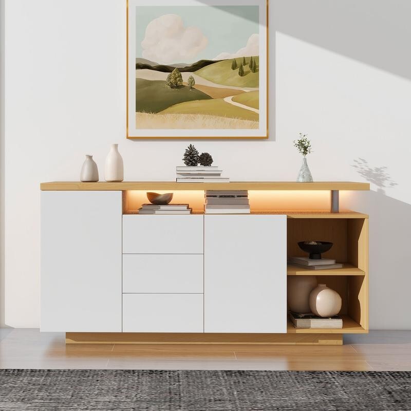 Modern White LED Sideboard Cabinet 2 Door 3 Drawer Push Open Storage