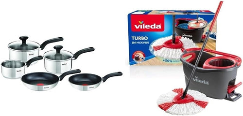 5pcs Stainless Steel Pot and Frying Pans Set & Microfibre Mop and Bucket Set
