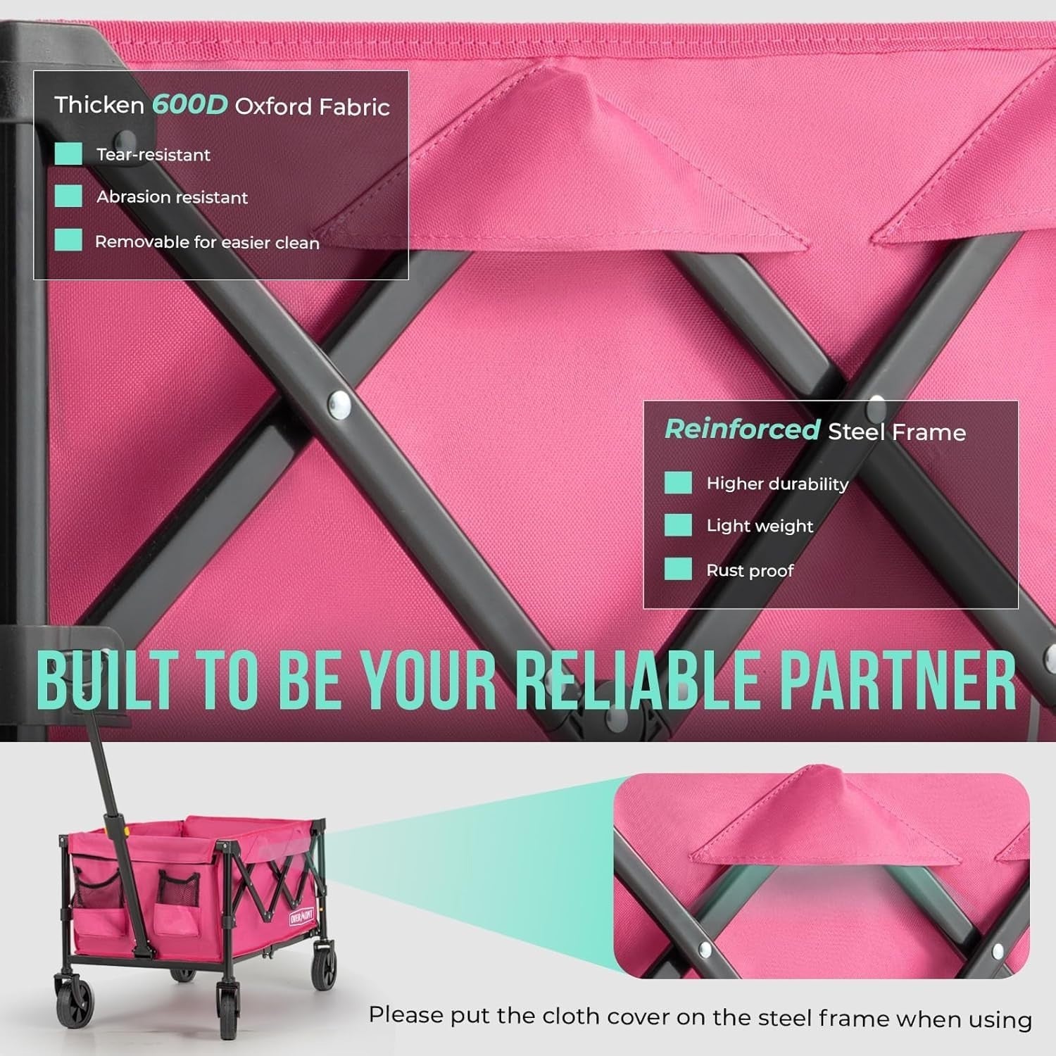100L Folding Wagon Cart Pink Collapsible Camping & Beach Trolley