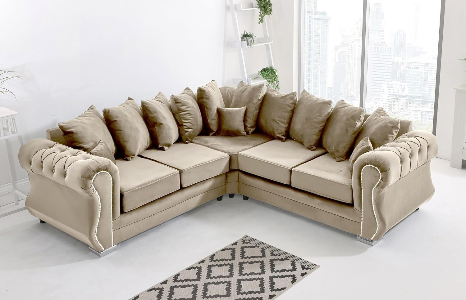 Cream Plush Velvet 5 Seater Corner Sofa with Foam Cushions & Button Tufted