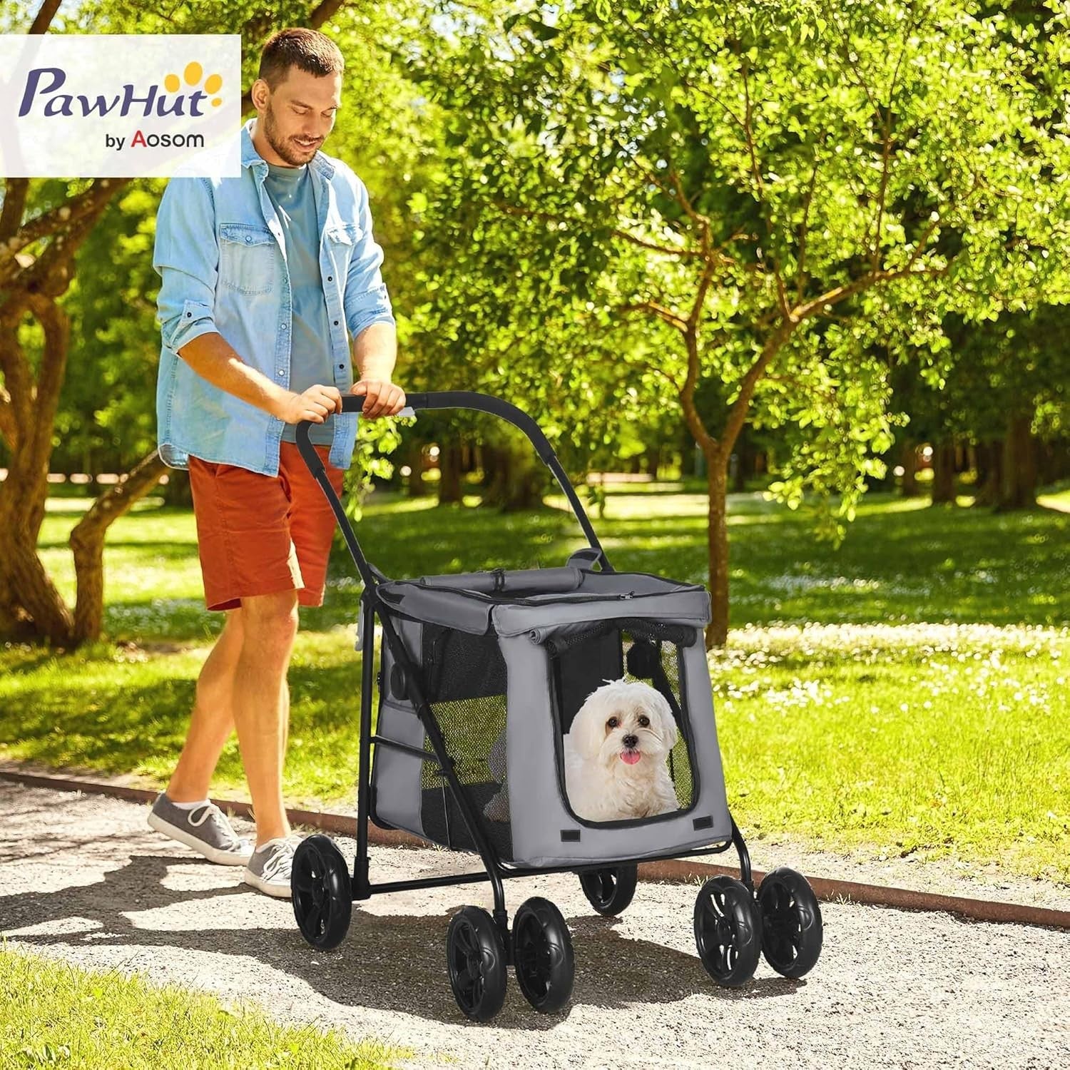 Dog Stroller Pushchair 4 Wheel Pet Pram Rolling Door Cushion Leashes