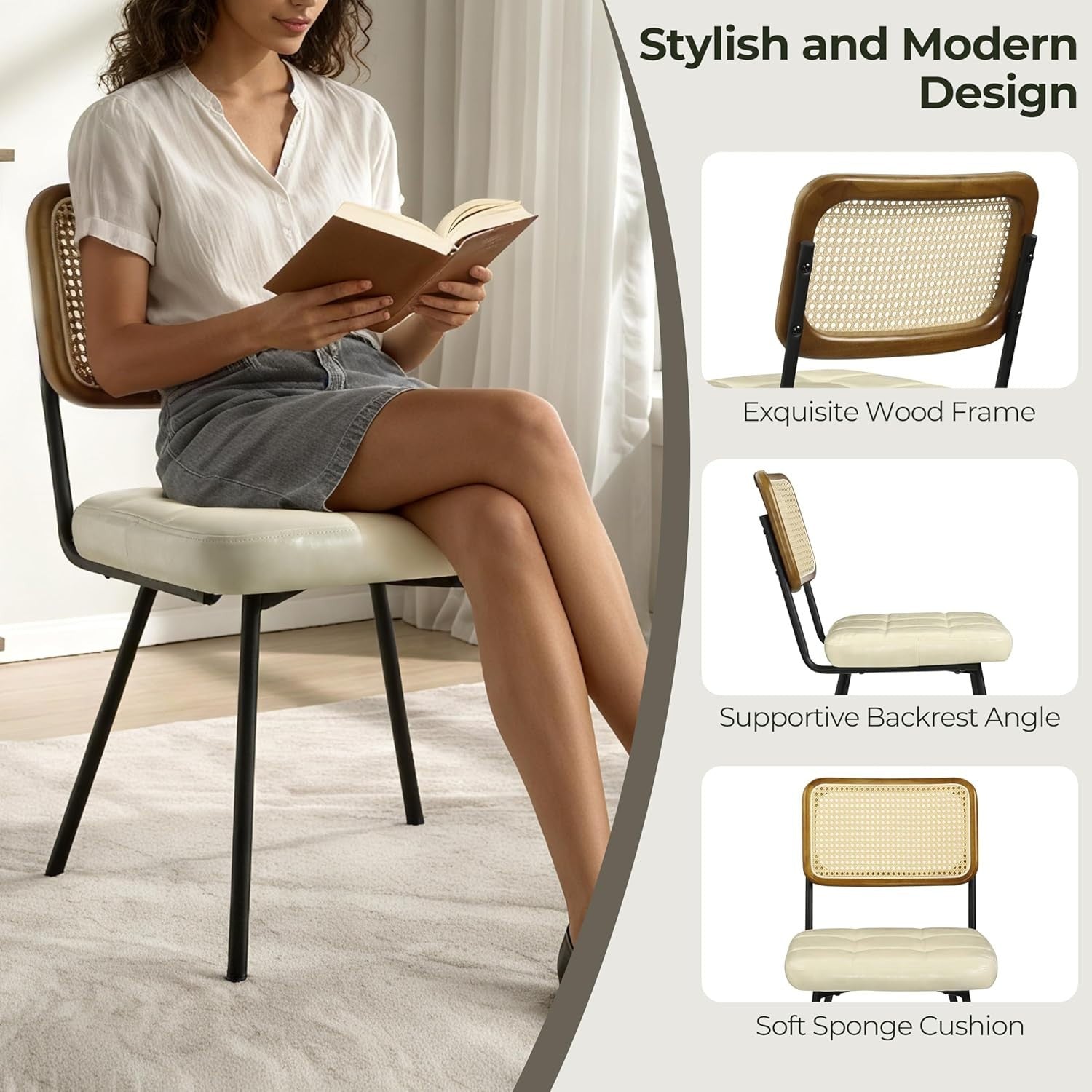 Set of 4 Rattan Dining Chairs Cushioned Cane Back Modern Kitchen Seating Beige