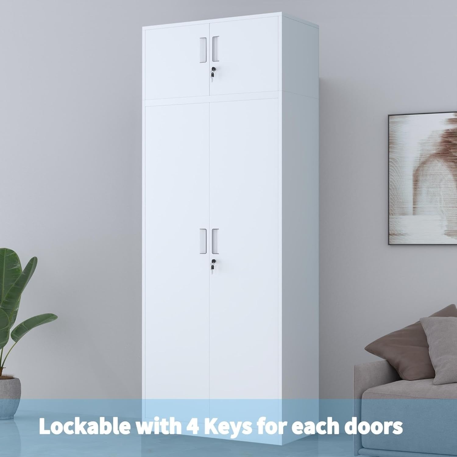 Tall Lockable Metal Storage Cabinet 220cm with 4 Shelves for Garage Office