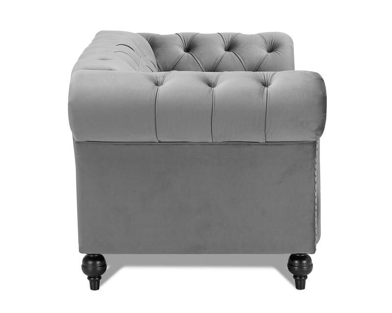 Grey Velvet Chesterfield Armchair 1.5 Seater Sofa Tufted Wood Legs