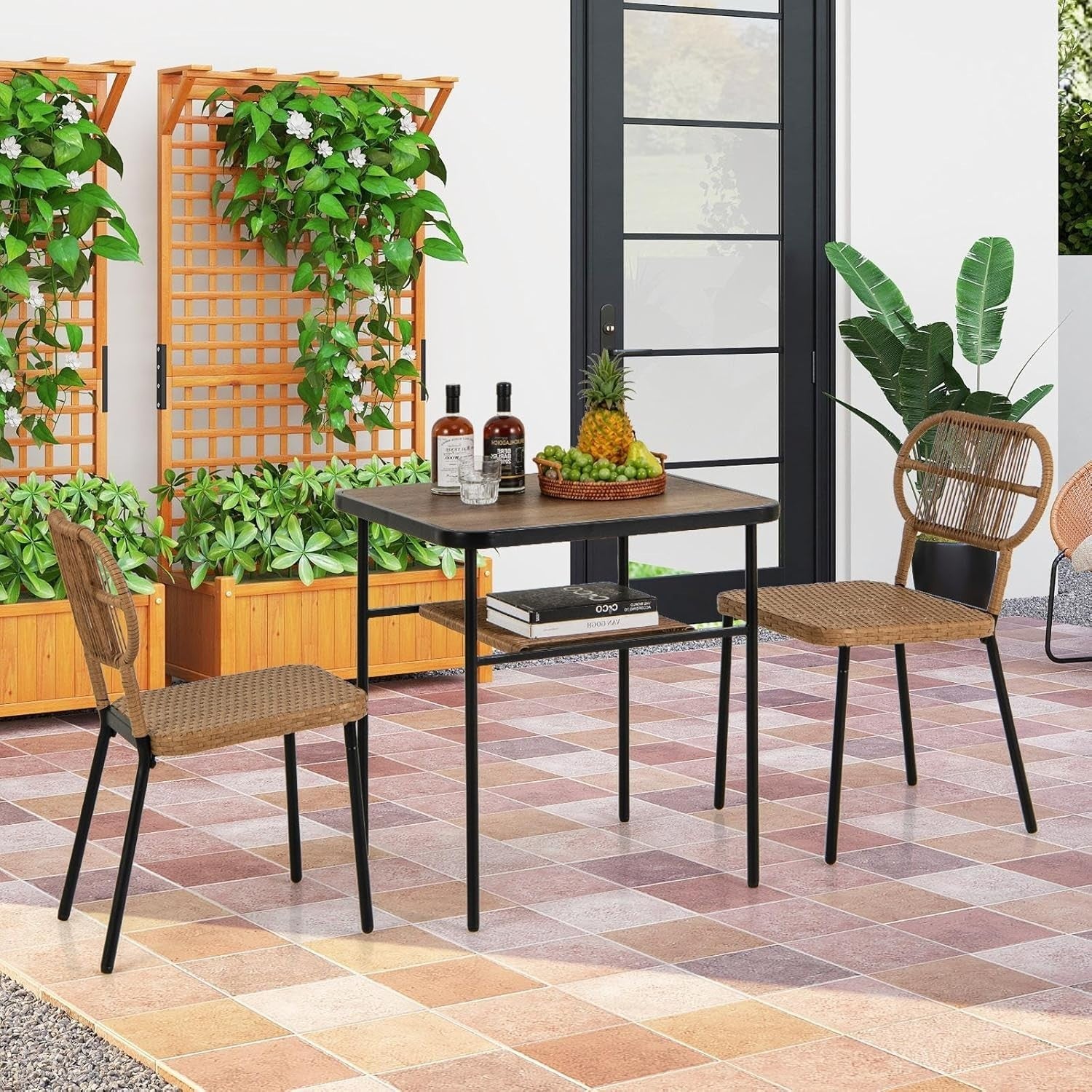 3 Piece Rattan Bistro Set Outdoor Table 2 Stackable Chairs Storage Shelf
