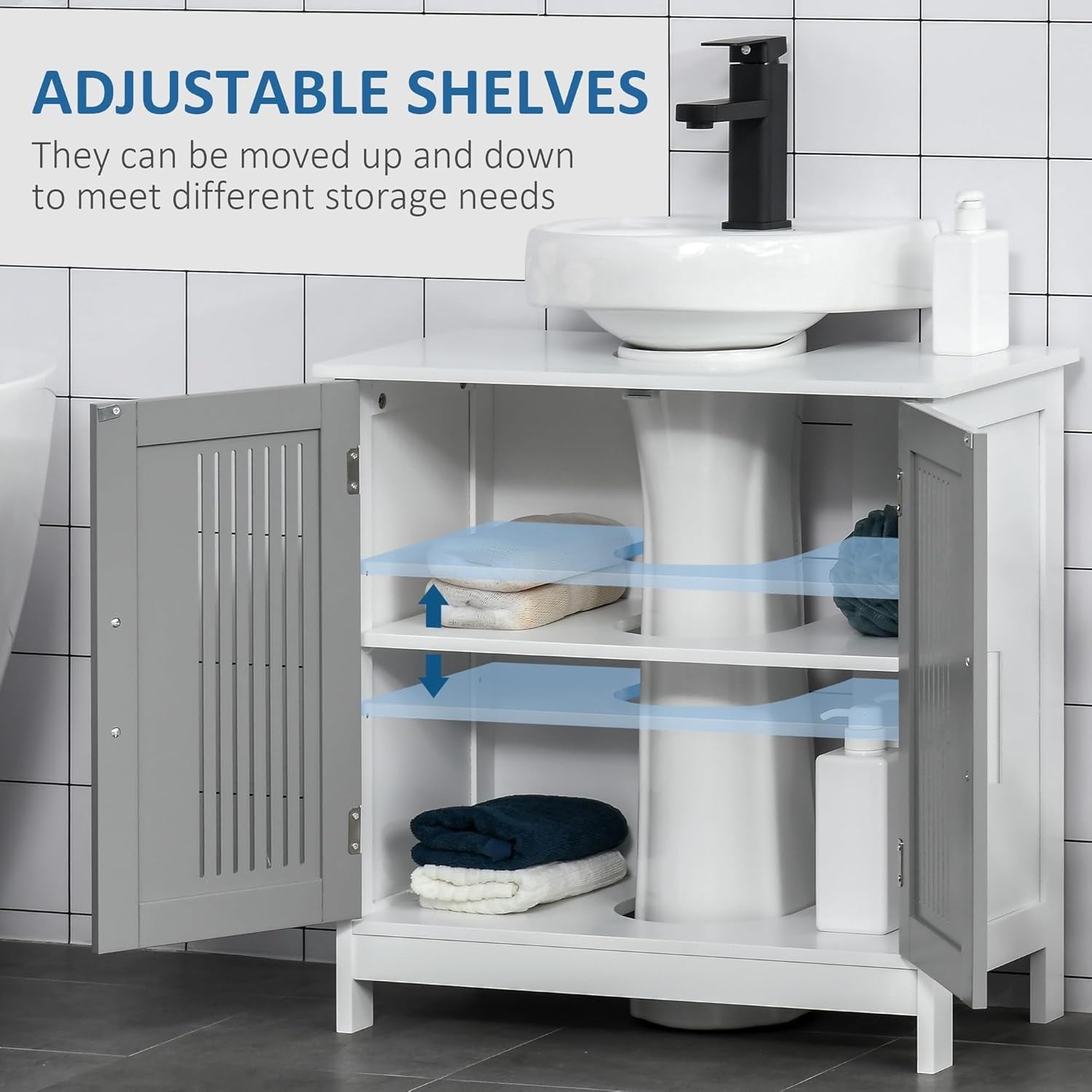 Grey Under Sink Bathroom Cabinet Storage Unit 2 Door Vanity Shelf 60x60cm
