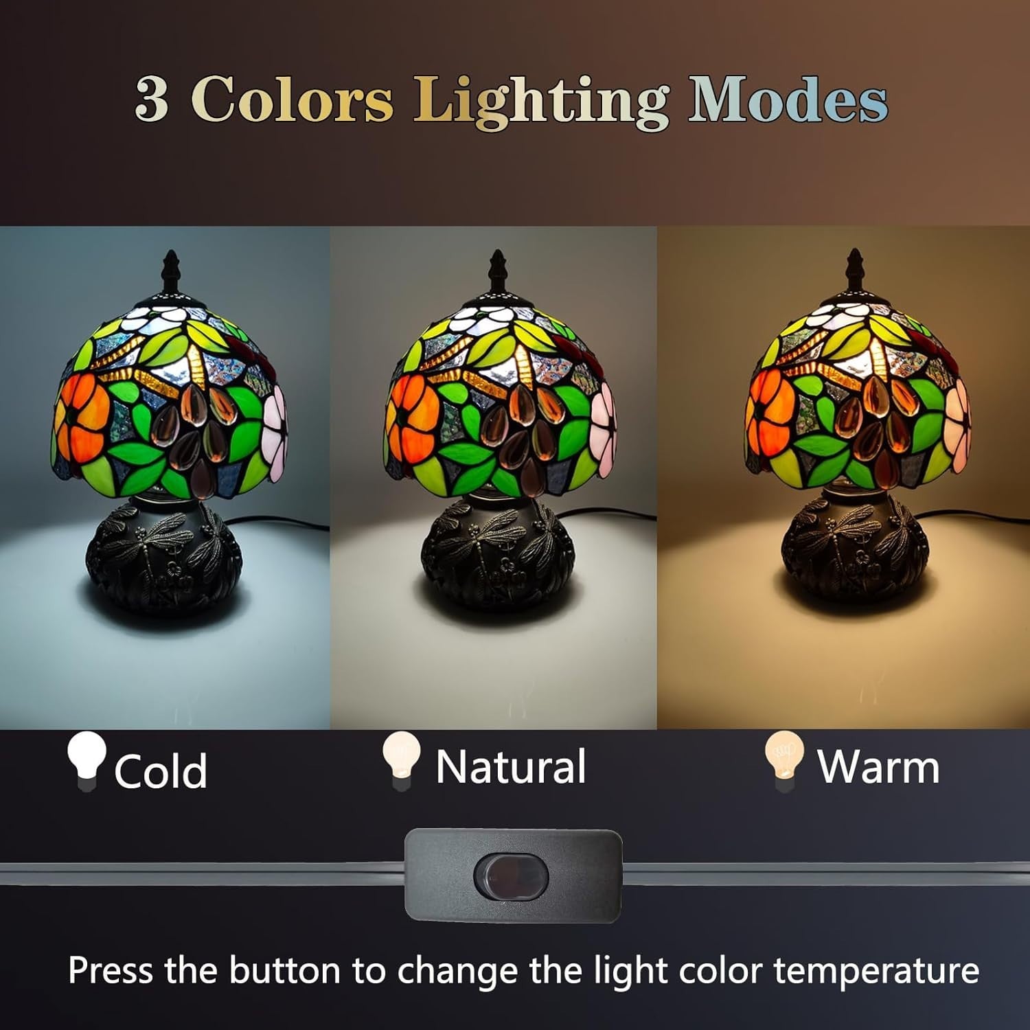 Stained Glass Desk Lamp 8x8x11in Grape Pattern 3 Color Temps Bedroom Light