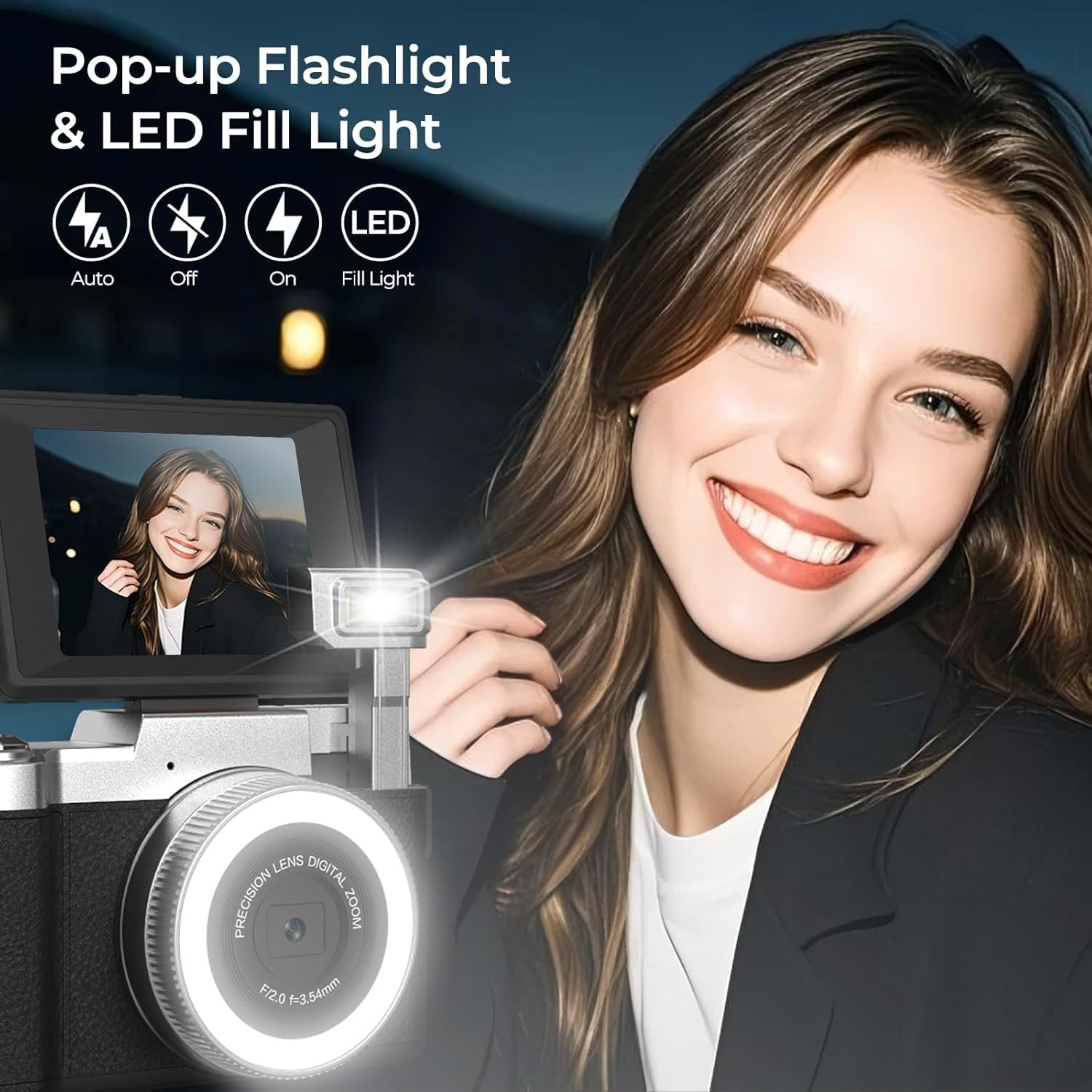 4K 64MP Vlogging Camera Flip Screen LED Selfie Light 2 Batteries