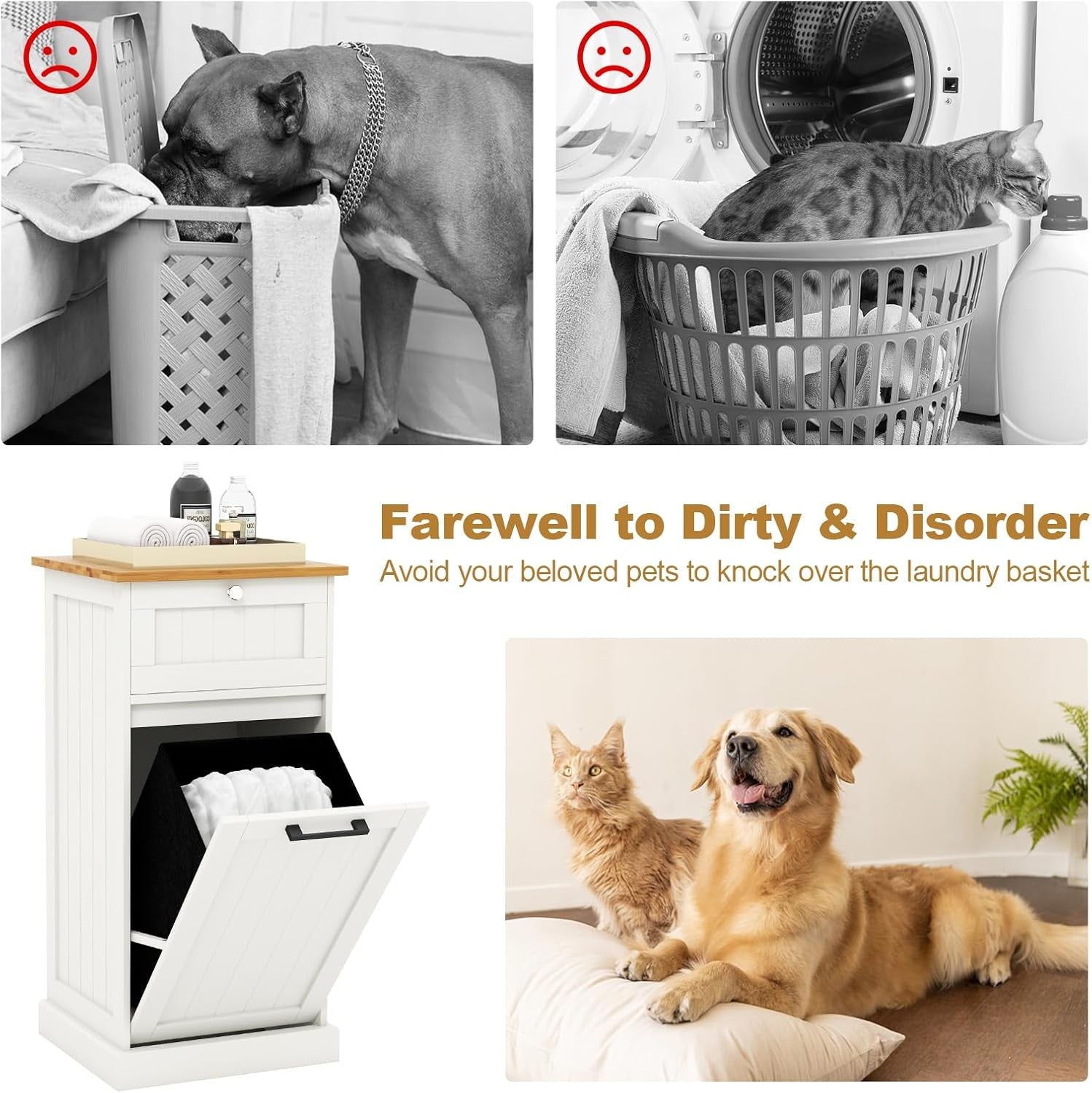 White Tilt-Out Laundry Cabinet with Drawer & Removable Hamper | Freestanding Bat