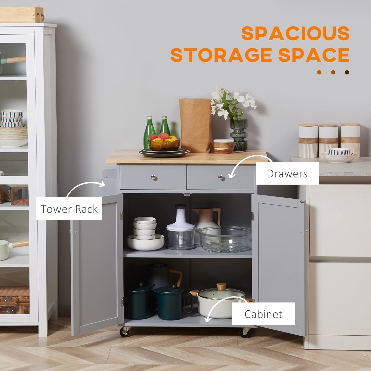Rolling Kitchen Island Cart with Drawers, Rubber Wood Top & Hooks, 48x87x90cm