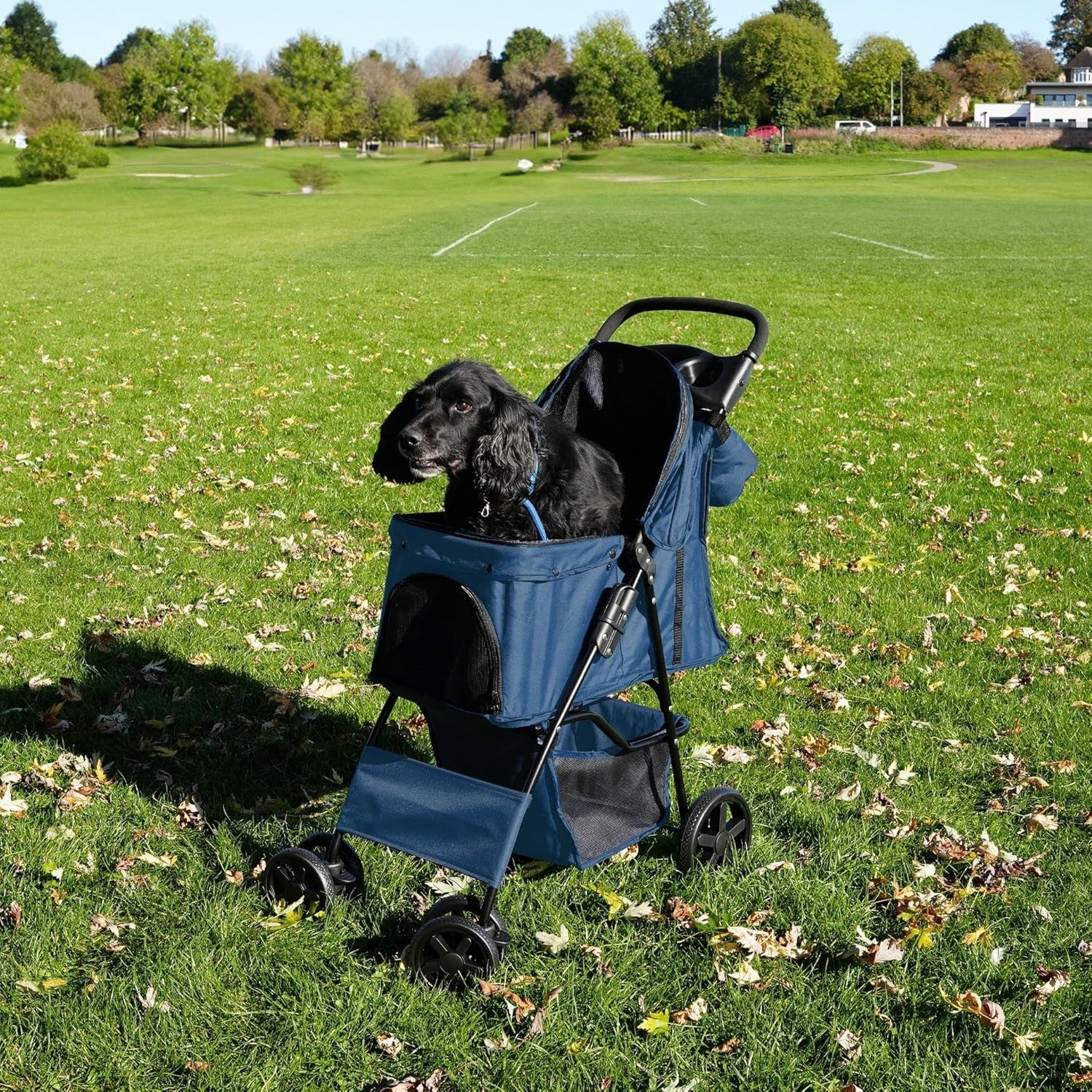 Blue Pet Stroller Pushchair with Caddy Bag Foldable 15kg Travel Pram