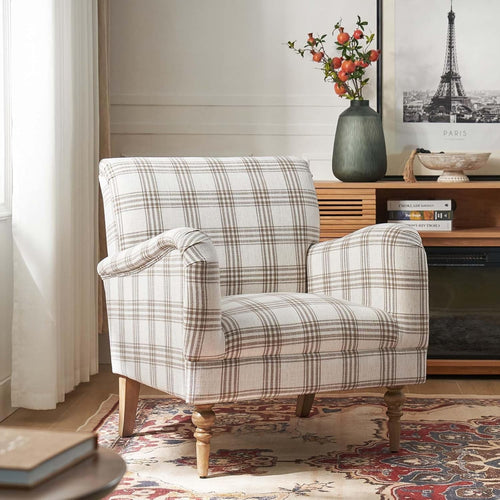 Plaid Armchair Lounge Chair Comfy Upholstered Seat Wood Legs Living Room