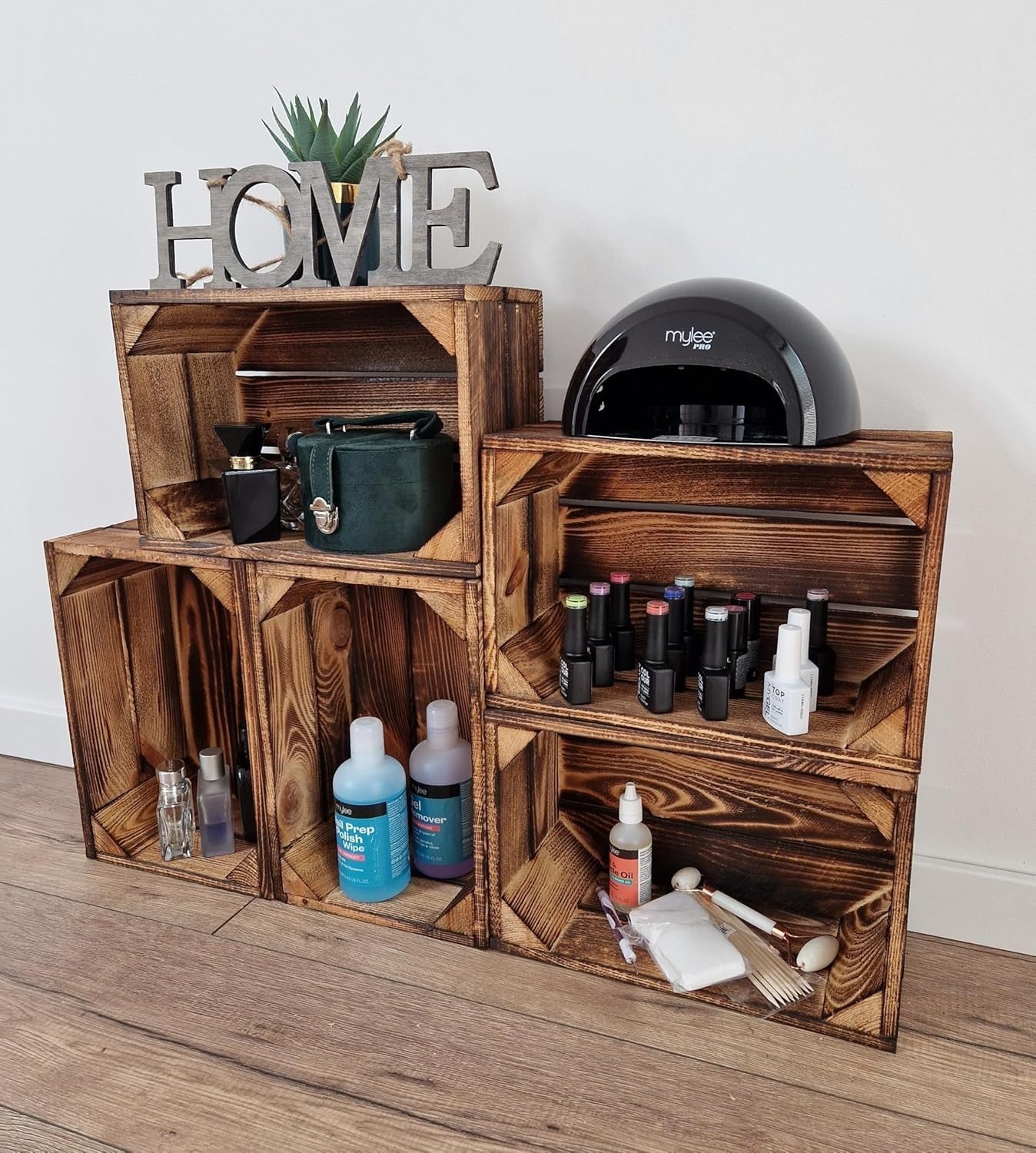 3-Piece Burnt Effect Wooden Storage Crates Organizer 30x20x15cm Durable
