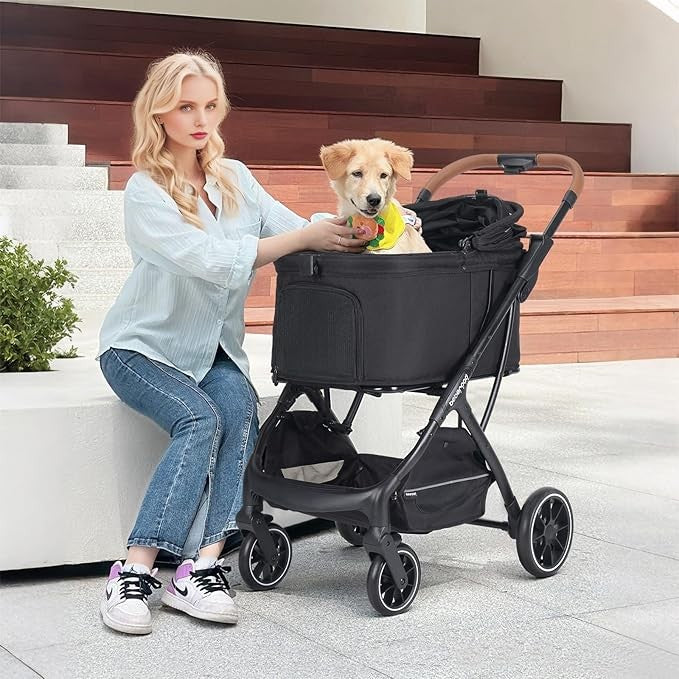 Luxury Dog Stroller Foldable Pet Pushchair Pram Medium Pets 60lb Black