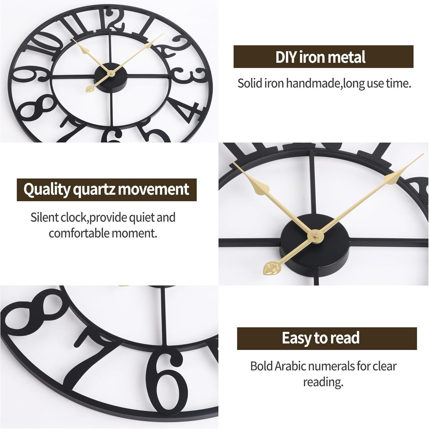 80cm Silent Black Arabic Wall Clock Large Metal Vintage Non Ticking Home