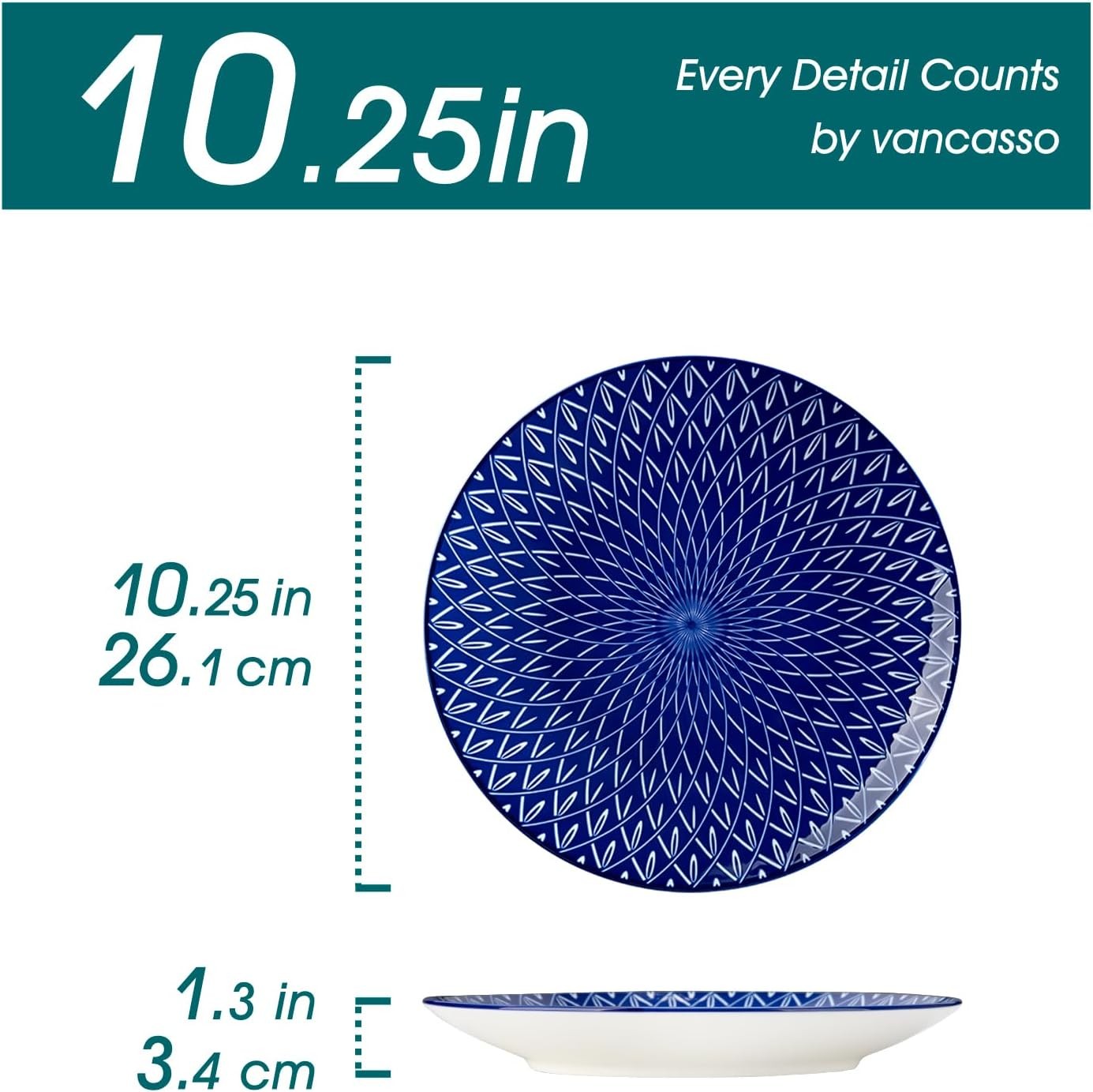 Set of 6 Vintage Blue Dinner Plates 10.25in Ceramic Scratch Resistant