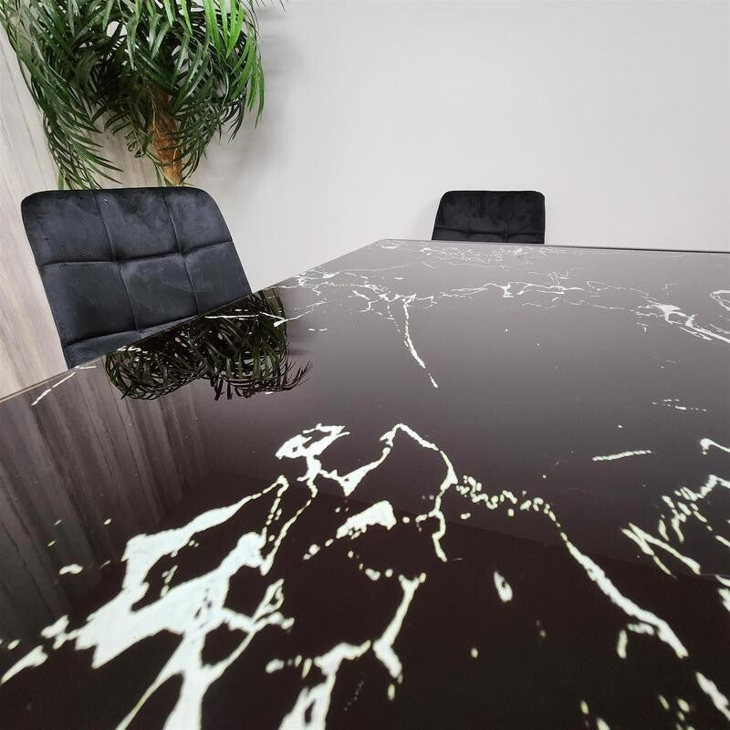 Black Marble Glass Dining Table Set with 4 Velvet Chairs Modern 120cm