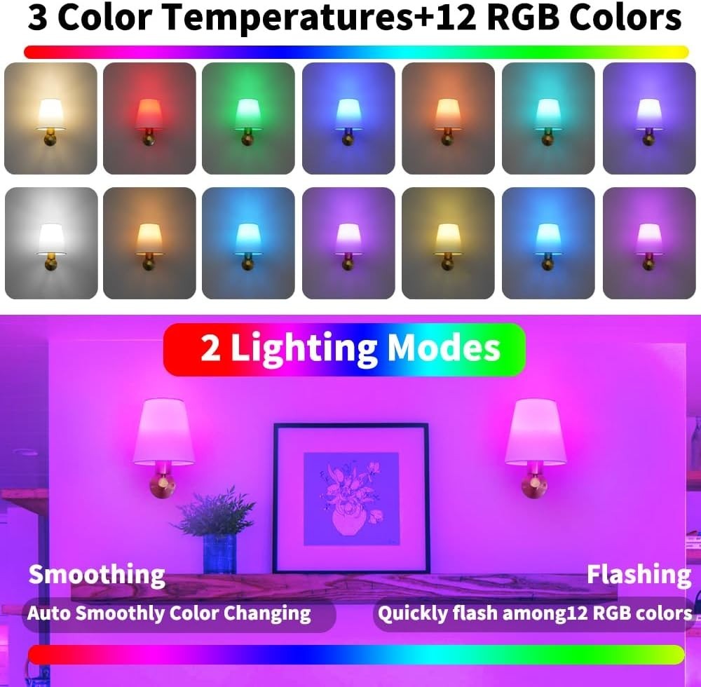 Rechargeable Wireless Wall Sconces Set of 2 with Remote, 15 Color LED Light