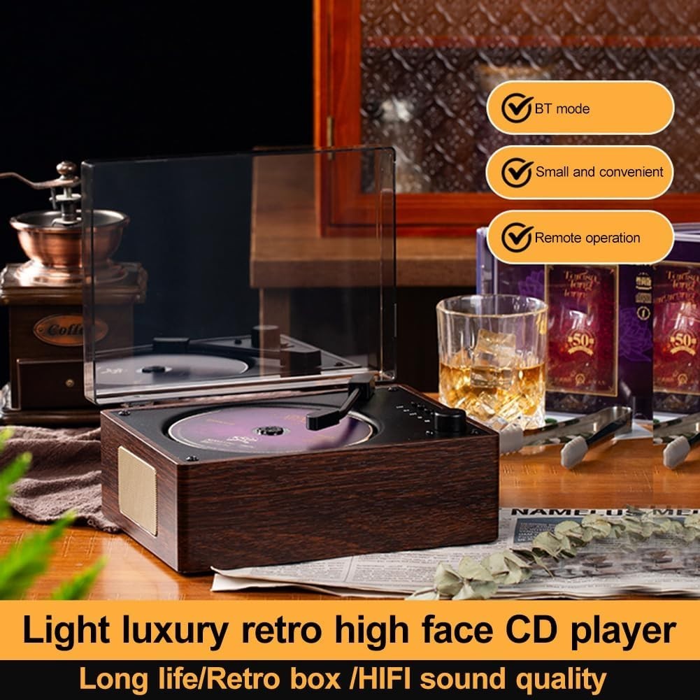 Retro Bluetooth CD Player Rechargeable Speakers USB AUX Remote Walnut
