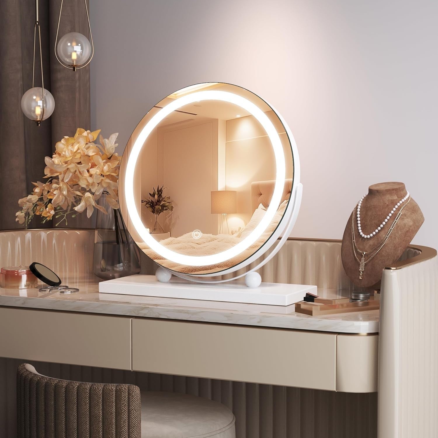 LED Makeup Mirror 30x30cm with Dimmable Touch Lights & 360° Rotation