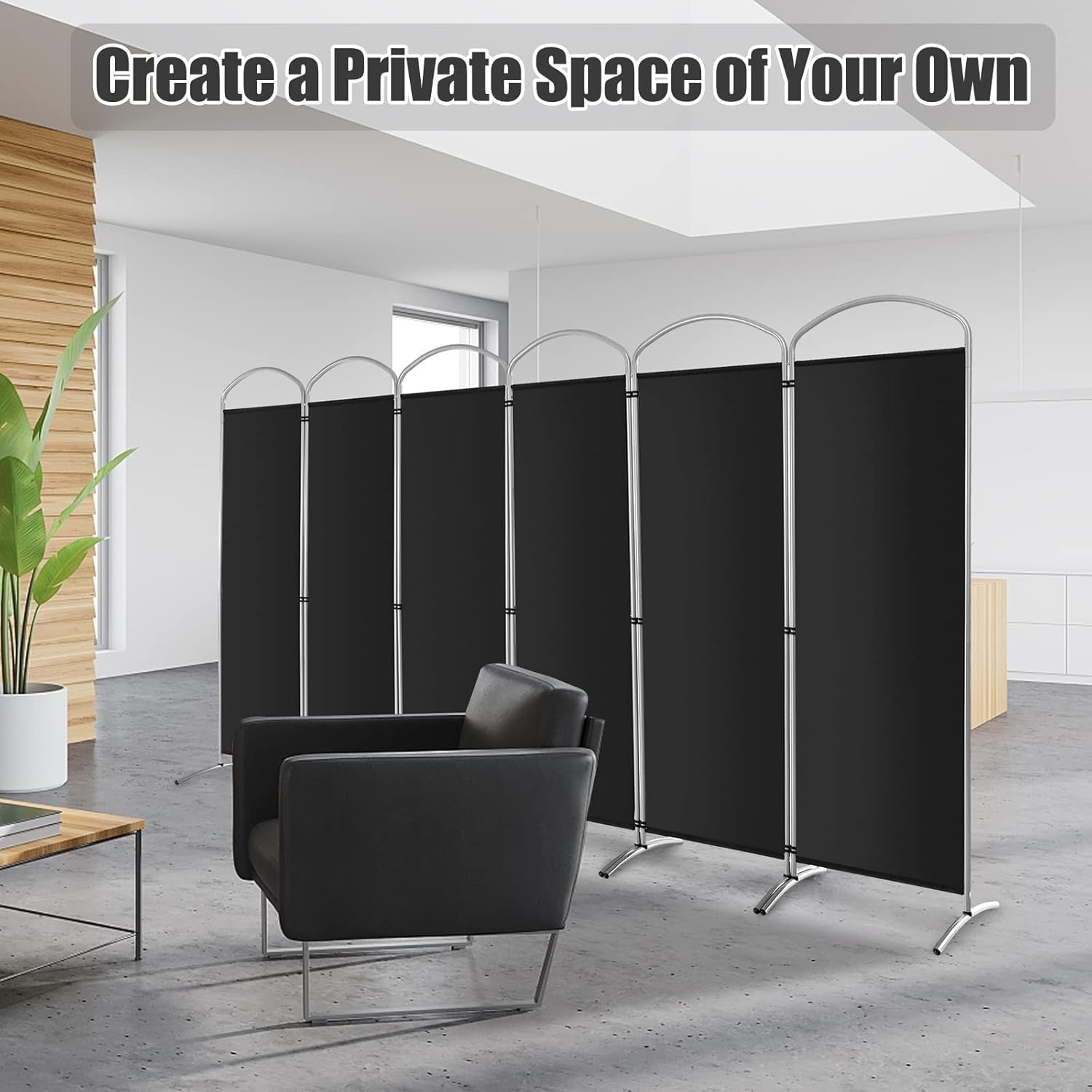 6 Panel Black Folding Room Divider Privacy Screen for Bedroom Office 188cm High
