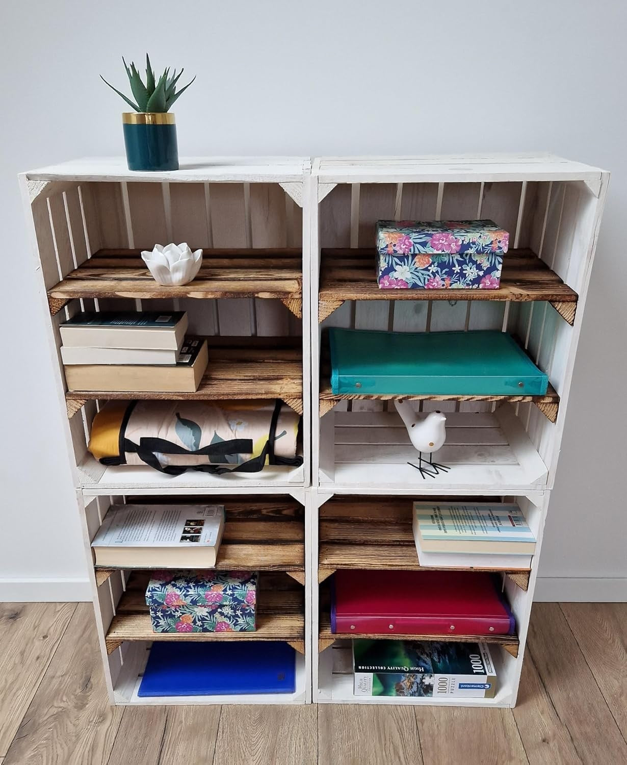 Single-Tier Burnt White Wooden Crate Storage Shelf Organizer 50x40x30cm