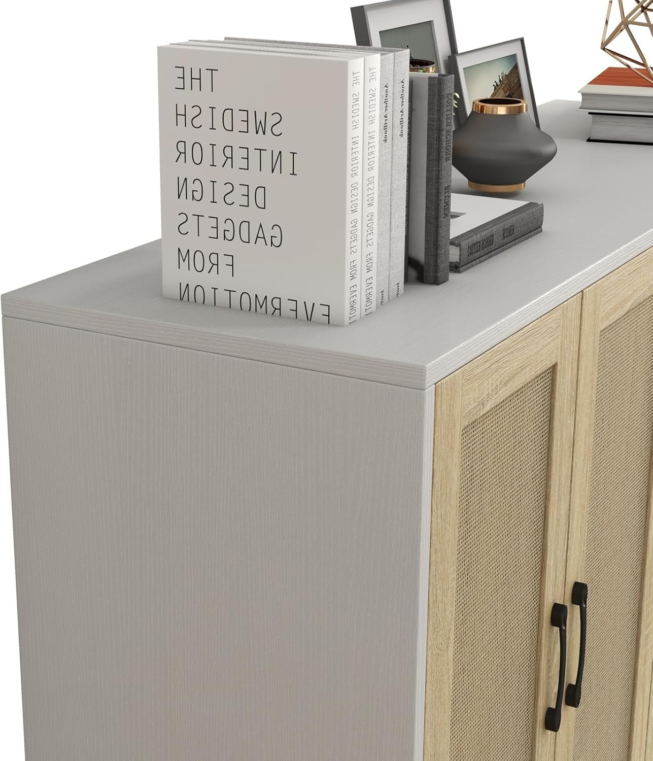 White Buffet Storage Cabinet with Adjustable Shelves Rattan Accent Modern