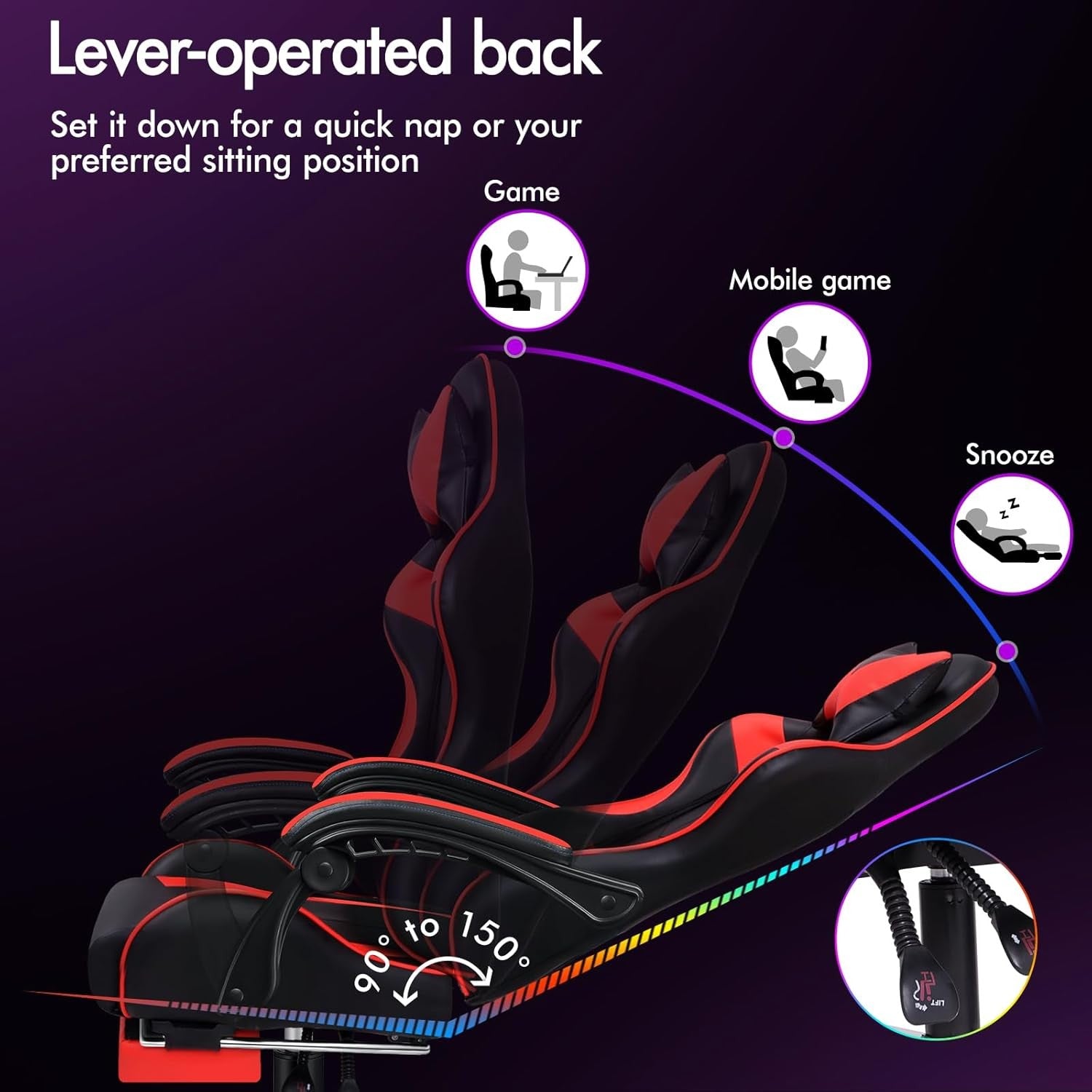Massage Gaming Chair Recliner w/ Footrest 150° Swivel PU Red