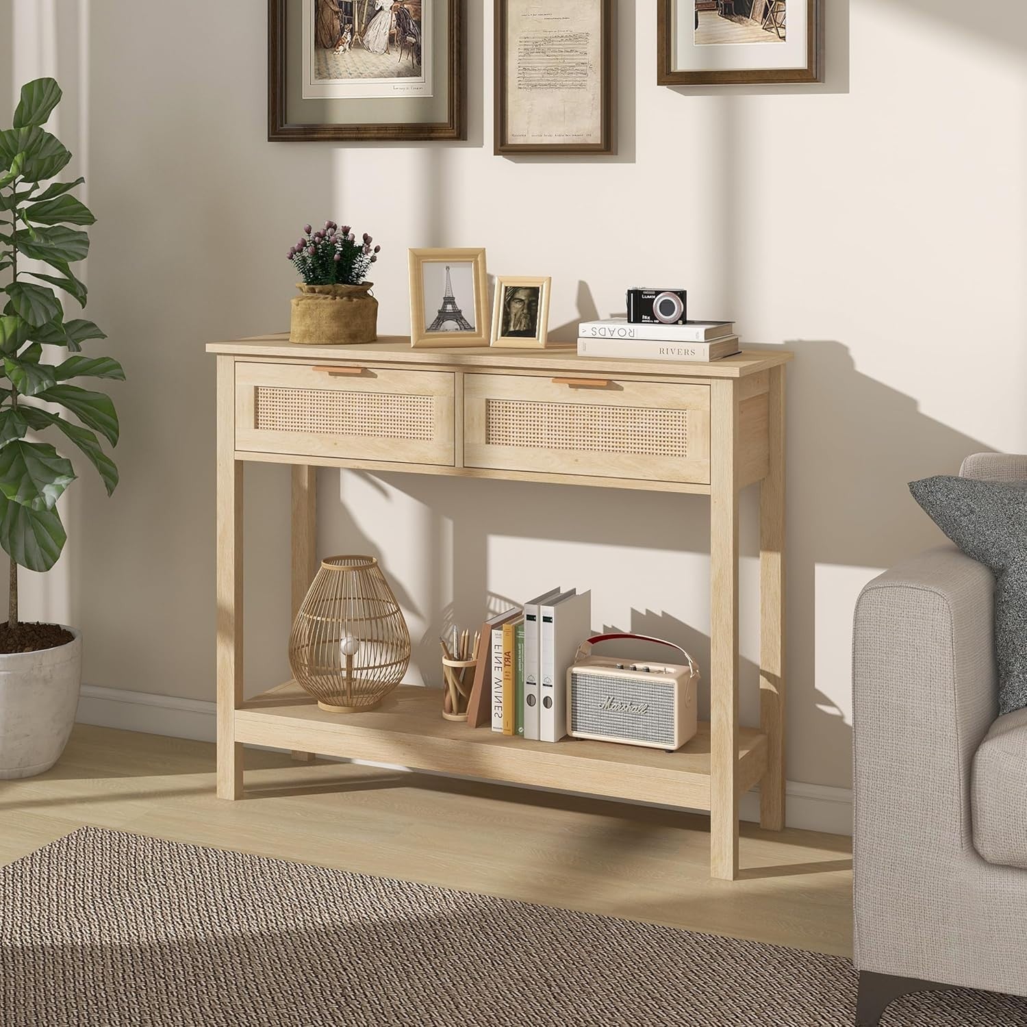 Boho Rattan Console Table with Drawers & Open Shelf, Rustic Entryway