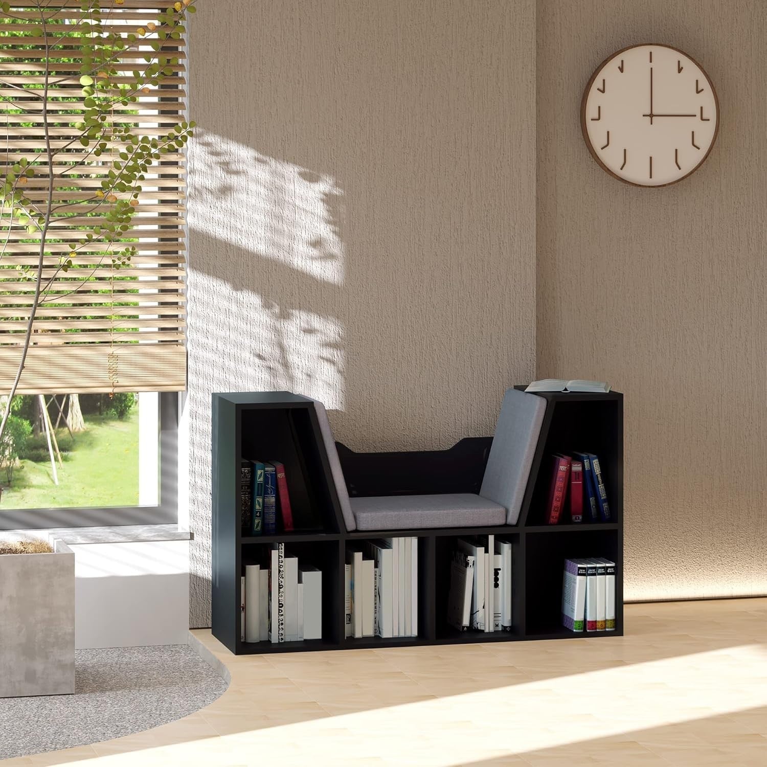 Bookcase with Cushioned Reading Seat 6 Cube Storage Bench Black