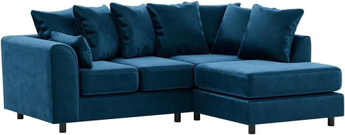 Blue Velvet Corner Sofa 4 Seater L Shape | RH Chaise | Full Foam Seating