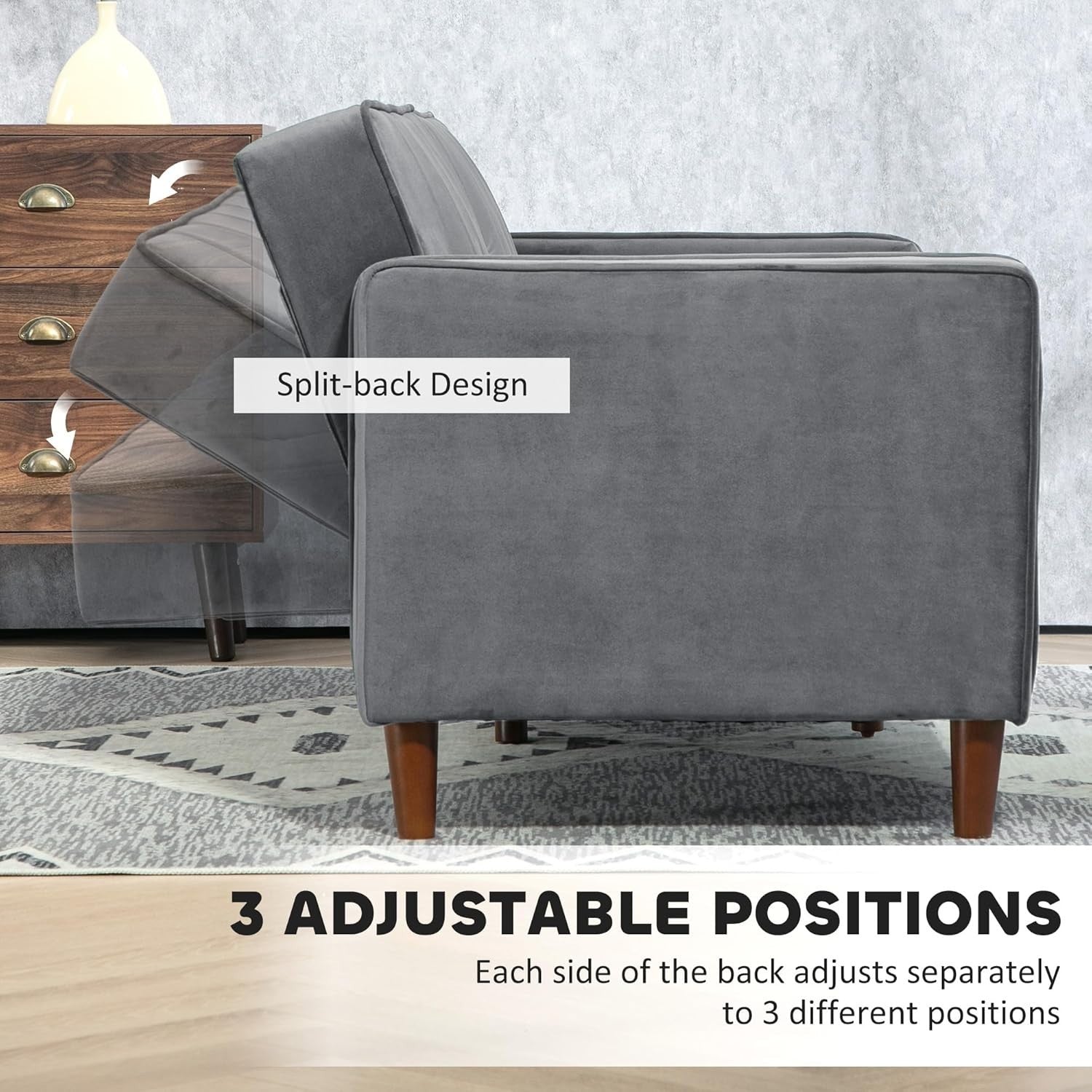 Dark Gray Velvet 3 Seater Sofa Bed Click Clack Recliner Couch Guest Sleeper