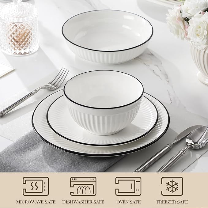 24 Piece White Dinner Set for 6 Embossed Porcelain Plates Bowls Black Rim