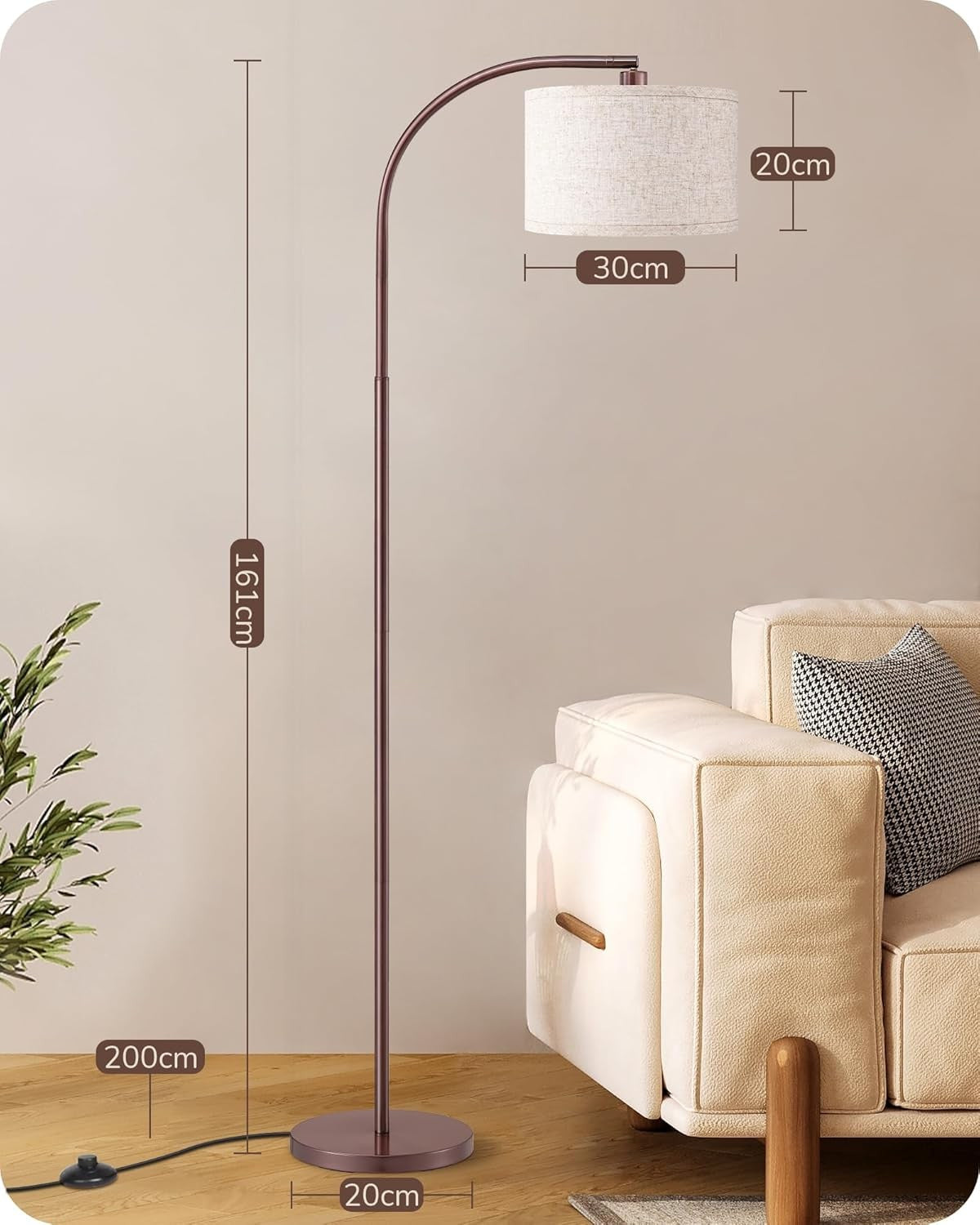 Modern Arc Floor Lamp Adjustable Linen Shade Brown Standing Light E27
