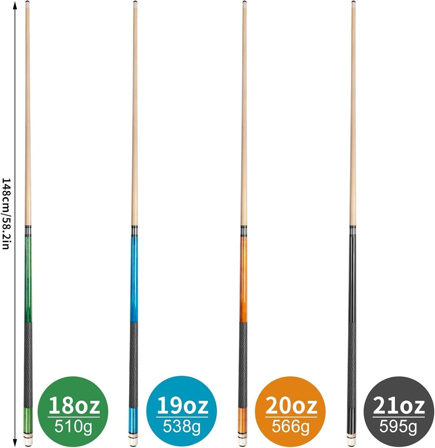 58in Pool Cue Set 4 Sticks 13mm Tip Canadian Maple 18–21oz Linen Grip